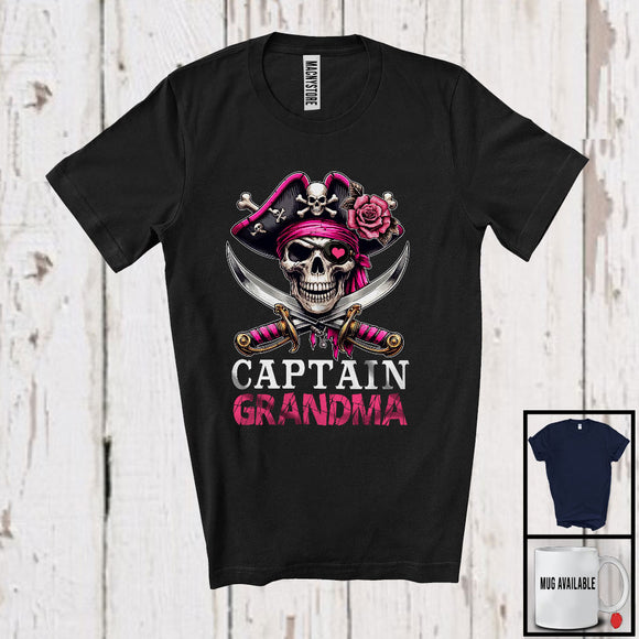 MacnyStore - Captain Grandma; Horror Halloween Costume Skull Pirate Lover; Matching Family Group T-Shirt