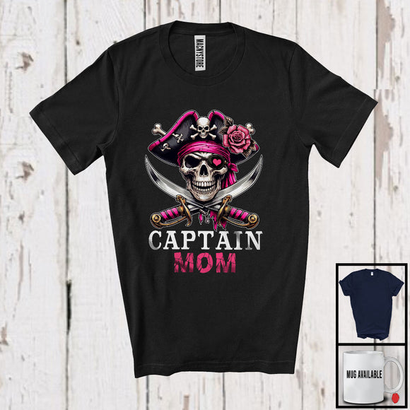 MacnyStore - Captain Mom; Horror Halloween Costume Skull Pirate Lover; Matching Family Group T-Shirt