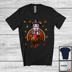 MacnyStore - Cat Pilgrim Riding Turkey; Amazing Thanksgiving Autumn Leaves Cat Turkey; Family Group T-Shirt