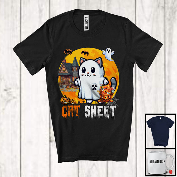 MacnyStore - Cat Sheet, Adorable Halloween Moon Boo Ghost Costume Cat, Matching Animal Lover T-Shirt