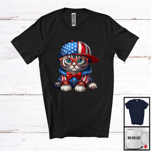 MacnyStore - Cat Wearing Hat Glasses American Flag, Adorable 4th Of July Cat Owner Lover, Patriotic Group T-Shirt