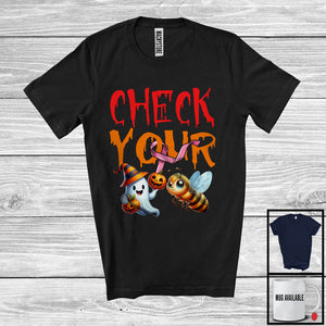 MacnyStore - Check Your Boo Bees, Lovely Halloween Breast Cancer Awareness Pink Ribbon, Witch Ghost Bee T-Shirt