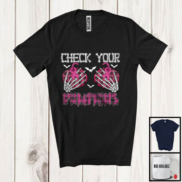 MacnyStore - Check Your Pumpkins; Adorable Breast Cancer Awareness Ribbon Halloween; Pink Plaid Skeleton Hands T-Shirt