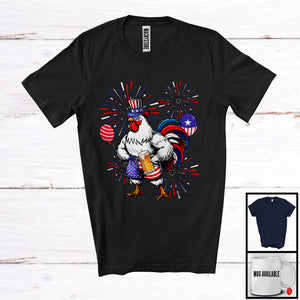 MacnyStore - Chicken Drinking Beer, Cheerful 4th Of July Drunker Fireworks, Farmer American Flag Patriotic T-Shirt