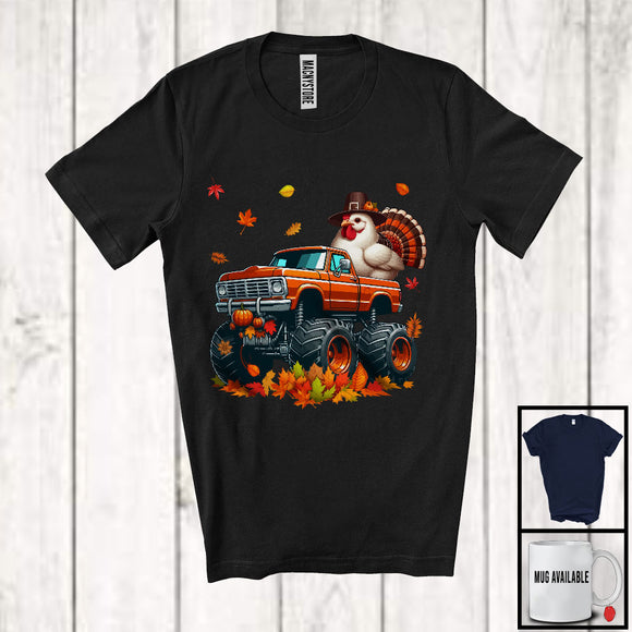 MacnyStore - Chicken Turkey On Monster Truck; Humorous Thanksgiving Autumn Fall Leaves; Family T-Shirt