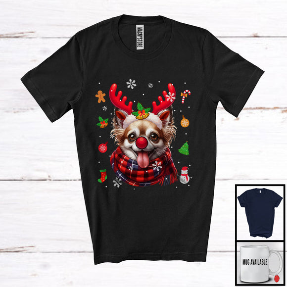 MacnyStore - Chihuahua Reindeer; Humorous Christmas Plaid Reindeer Face Snow Around; X-mas Family Group T-Shirt