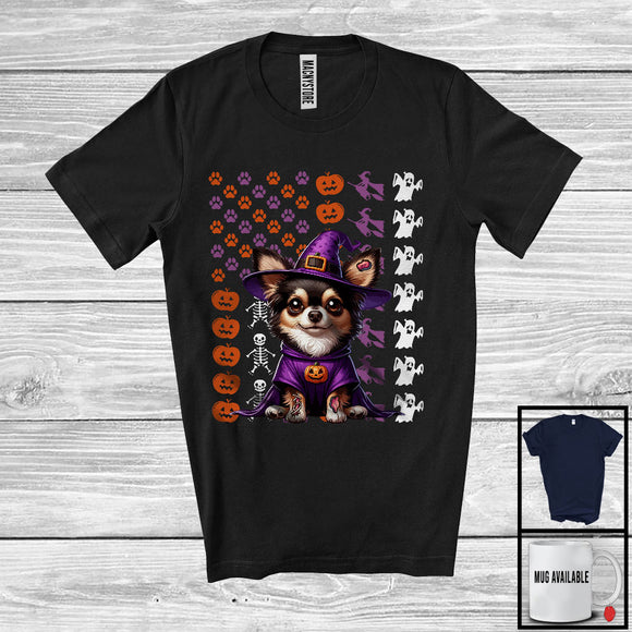 MacnyStore - Chihuahua Witch On American Flag, Adorable Halloween Pumpkin Paws, Patriotic Group T-Shirt