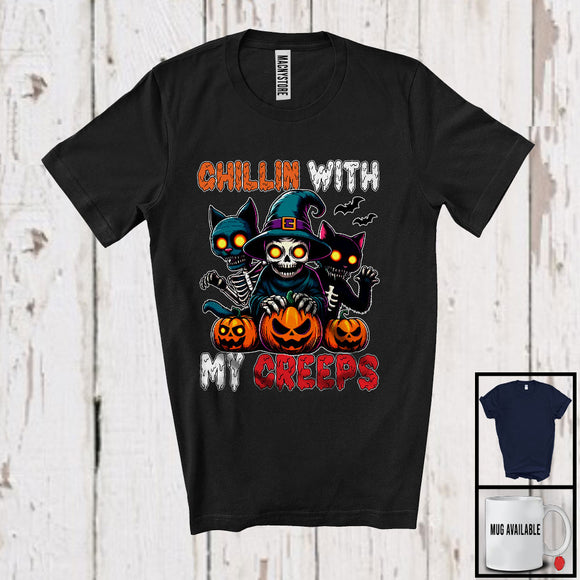 MacnyStore - Chillin With My Creeps; Amazing Halloween Cosplay Witch Skeleton Cat Kitten Lover; Pumpkins T-Shirt