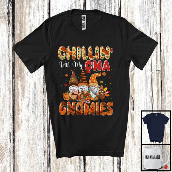 MacnyStore - Chillin' With My CNA Gnomies, Happy Thanksgiving Nurse Three Gnomes, Fall Leaves Pumpkin T-Shirt