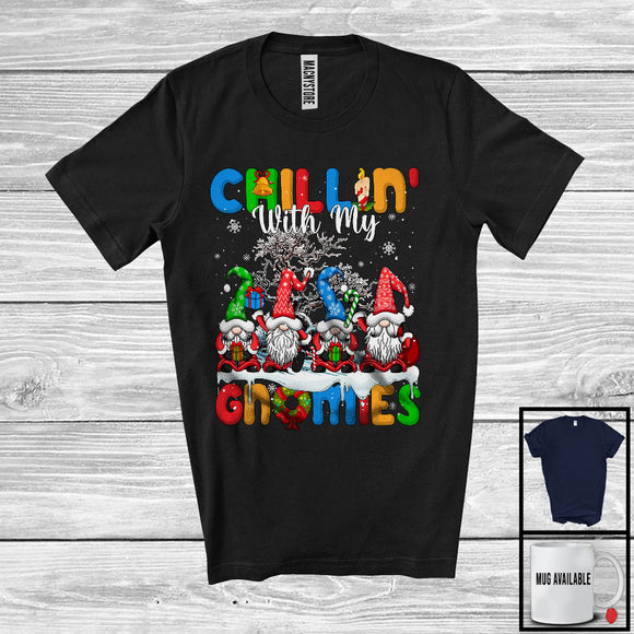 MacnyStore - Chillin' With My Gnomies, Lovely Christmas Group Of Four Gnomes, Snowing Candy Cane T-Shirt