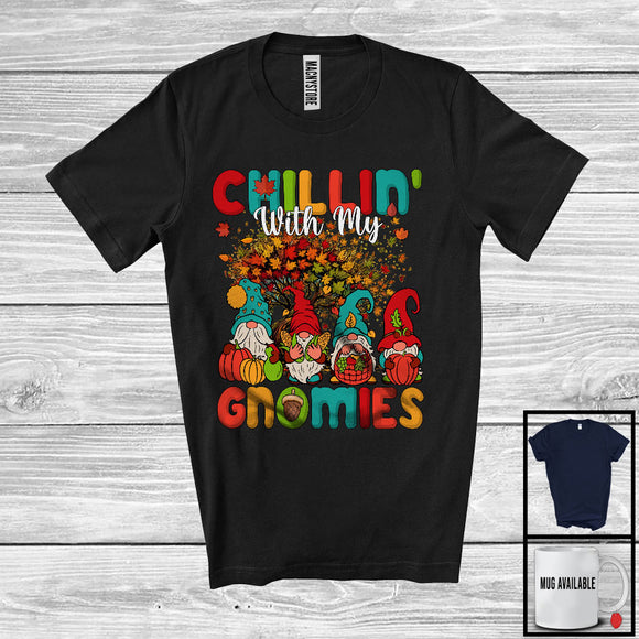 MacnyStore - Chillin' With My Gnomies, Lovely Thanksgiving Group Of Four Gnomes, Fall Leaves Tree Pumpkins T-Shirt