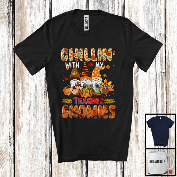 MacnyStore - Chillin' With My Teacher Gnomies, Happy Thanksgiving Three Gnomes, Fall Leaves Pumpkin T-Shirt