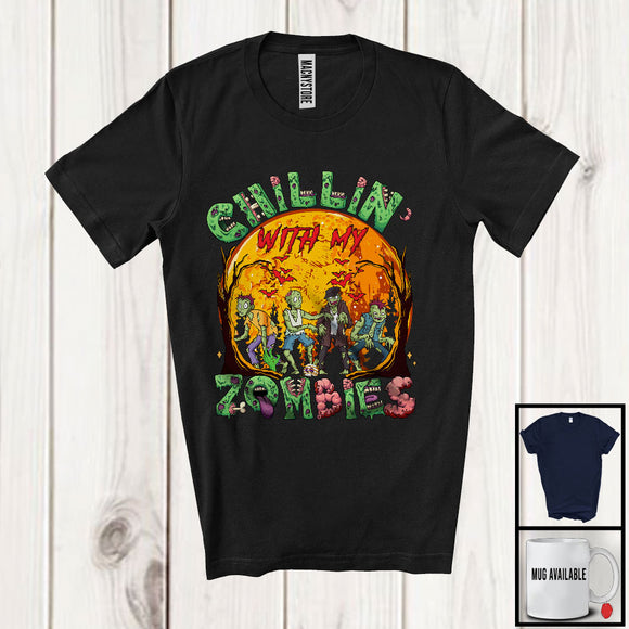 MacnyStore - Chillin' With My Zombies; Creepy Halloween Costume Boy Zombies Squad Moon; Family Group T-Shirt