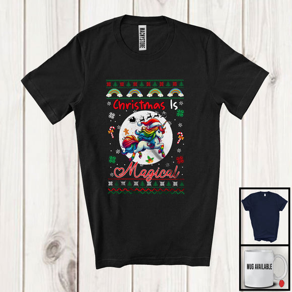 MacnyStore - Christmas Is Magical; Adorable X-mas Moon Sweater Santa Unicorn; Pride LGBTQ Rainbow Flag Gay Group T-Shirt