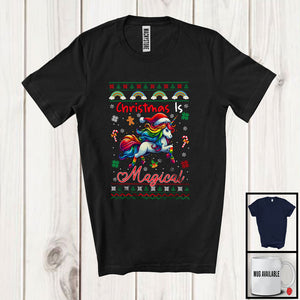 MacnyStore - Christmas Is Magical; Adorable X-mas Sweater Santa Unicorn; Pride LGBTQ Rainbow Flag Gay Group T-Shirt