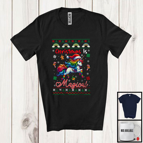 MacnyStore - Christmas Is Magical; Adorable X-mas Sweater Santa Unicorn; Pride LGBTQ Rainbow Flag Gay Group T-Shirt