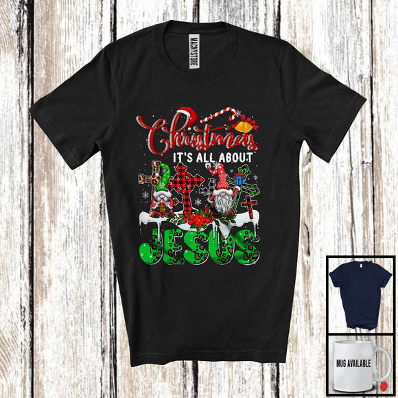 MacnyStore - Christmas It's All About Jesus; Awesome Christmas Cross Plaid Gnome; Matching Family Lover T-Shirt