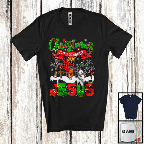 MacnyStore - Christmas It's All About Jesus; Awesome Christmas Snow Plaid Cross; X-mas Snowman Reindeer T-Shirt