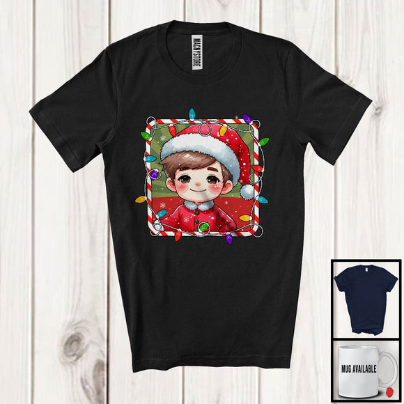 MacnyStore - Christmas Lights Boy Wearing Santa Hat Sunglasses; Lovely X-mas Snowing Family Group T-Shirt