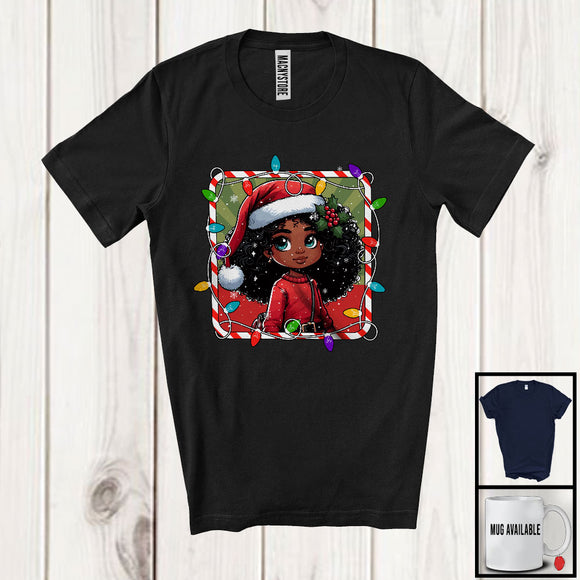 MacnyStore - Christmas Lights Santa American Africa Afro Girl; Lovely X-mas Black African; Afro Family T-Shirt