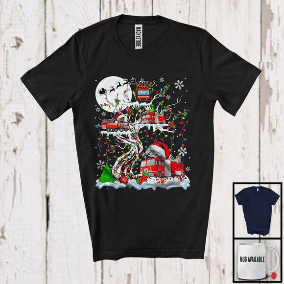 MacnyStore - Christmas Squad; Adorable Santa Elf Reindeer Fire Truck On X-mas Tree Snowing; Family Group T-Shirt