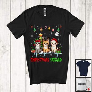 MacnyStore - Christmas Squad; Cheerful Reindeer Santa Elf Cat; X-mas Cat Animal Snowing T-Shirt