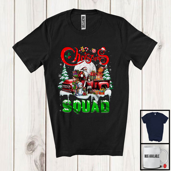 MacnyStore - Christmas Squad; Cheerful X-mas Elf Santa Snowman With Pickup Truck; X-mas Tree Snow T-Shirt