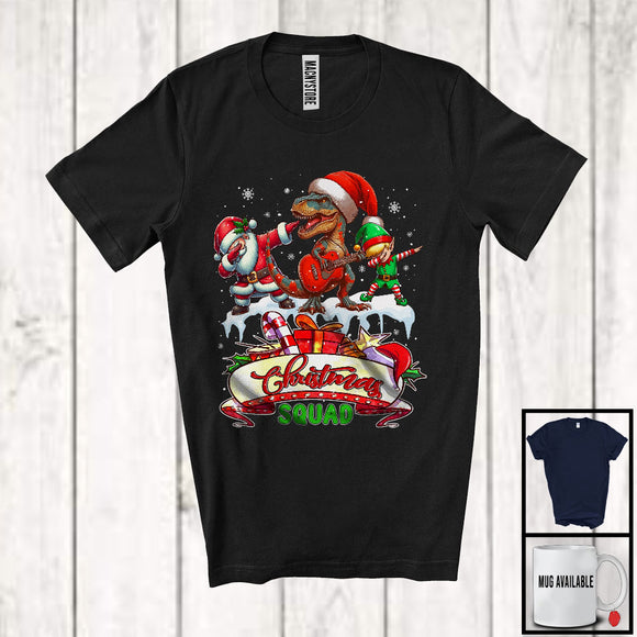 MacnyStore - Christmas Squad; Cheerful X mas Santa ELF T-Rex Playing Guitar; Snowing Family Group T-Shirt