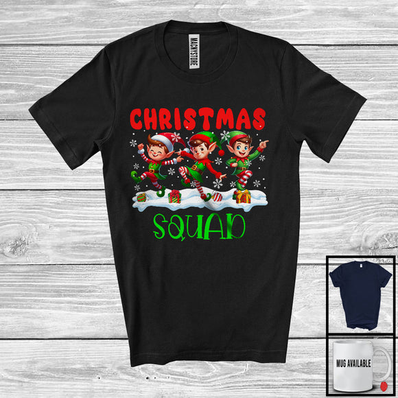 MacnyStore - Christmas Squad; Cheerful X-mas Three Elf Dancing Snowing; Matching Family Group T-Shirt