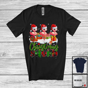 MacnyStore - Christmas Squad; Humorous X-mas Snowing Plaid Three Santa Flamingos; Wild Animal Lover T-Shirt