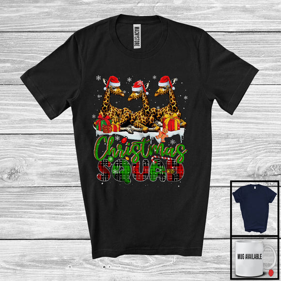 MacnyStore - Christmas Squad; Humorous X-mas Snowing Plaid Three Santa Giraffes; Wild Animal Lover T-Shirt