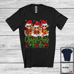 MacnyStore - Christmas Squad; Humorous X-mas Snowing Plaid Three Santa Monkeies; Wild Animal Lover T-Shirt