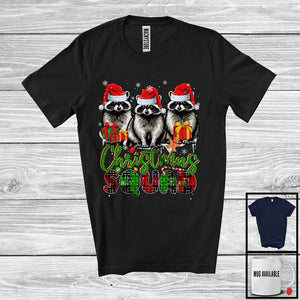 MacnyStore - Christmas Squad; Humorous X-mas Snowing Plaid Three Santa Raccoons; Wild Animal Lover T-Shirt