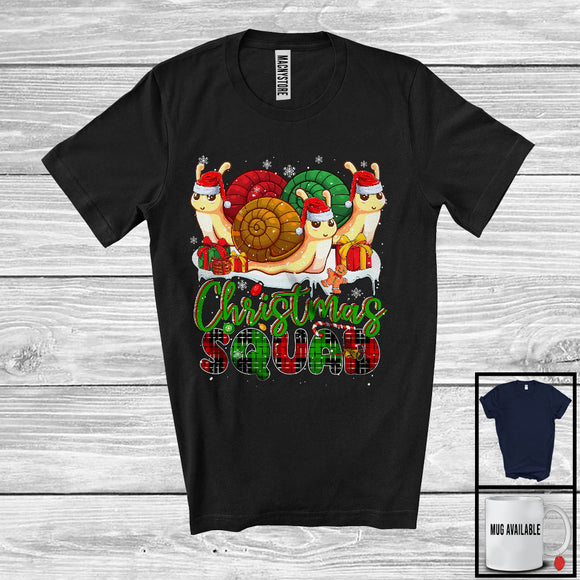 MacnyStore - Christmas Squad; Humorous X-mas Snowing Plaid Three Santa Snails; Wild Animal Lover T-Shirt