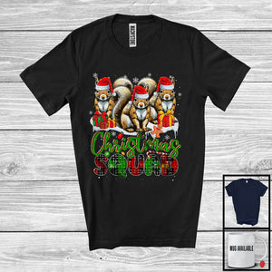 MacnyStore - Christmas Squad; Humorous X-mas Snowing Plaid Three Santa Squirrels; Wild Animal Lover T-Shirt