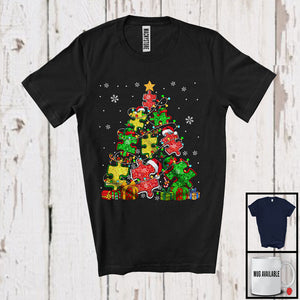 MacnyStore - Christmas Tree Puzzle Pieces; Colorful X-mas Lights Autism Awareness Puzzle; Family Group T-Shirt