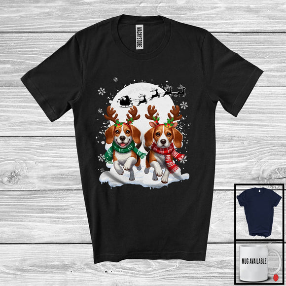 MacnyStore - Christmas Two Beagles Reindeer Running; Fantastic X-mas Moon Snowing; Dog Owner Lover T-Shirt