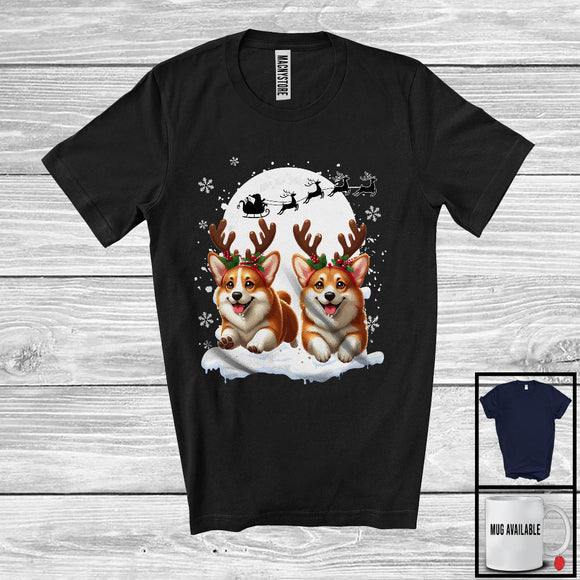 MacnyStore - Christmas Two Corgis Reindeer Running; Fantastic X-mas Moon Snowing; Dog Owner Lover T-Shirt