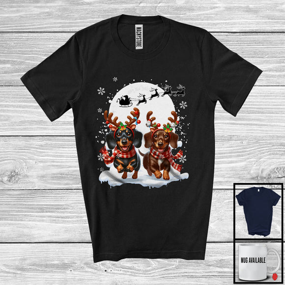 MacnyStore - Christmas Two Dachshunds Reindeer Running; Fantastic X-mas Moon Snowing; Dog Owner Lover T-Shirt