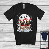 MacnyStore - Christmas Two Pugs Reindeer Running; Fantastic X-mas Moon Snowing; Dog Owner Lover T-Shirt