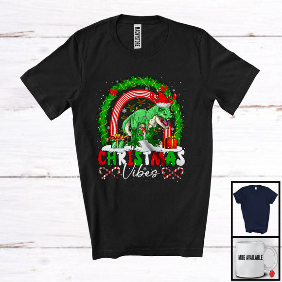 MacnyStore - Christmas Vibes; Awesome X-mas Family T-Rex Reindeer Santa; Rainbow Animal Lover T-Shirt