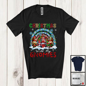 MacnyStore - Christmas With My Gnomies; Awesome X-mas Lights Three Gnomes; Leopard Plaid Rainbow T-Shirt