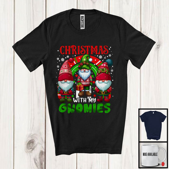 MacnyStore - Christmas With My Gnomies, Lovely Christmas Rainbow Three Gnomes, Gnomies Snowing Lover T-Shirt
