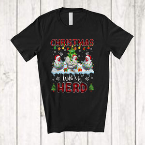 MacnyStore - Christmas With My Herd; Fantastic X-mas Tree Snowing Three Santa Chicken; Red Plaid Farmer T-Shirt