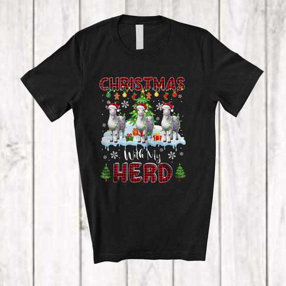 MacnyStore - Christmas With My Herd; Fantastic X-mas Tree Snowing Three Santa Goat; Red Plaid Farmer T-Shirt