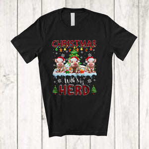 MacnyStore - Christmas With My Herd; Fantastic X-mas Tree Snowing Three Santa Pig; Red Plaid Farmer T-Shirt