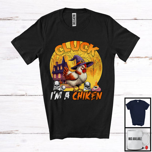 MacnyStore - Cluck I'm A Chicken, Sarcastic Halloween Costume Witch Farm Farmer, Scary Moon Skulls Lover T-Shirt