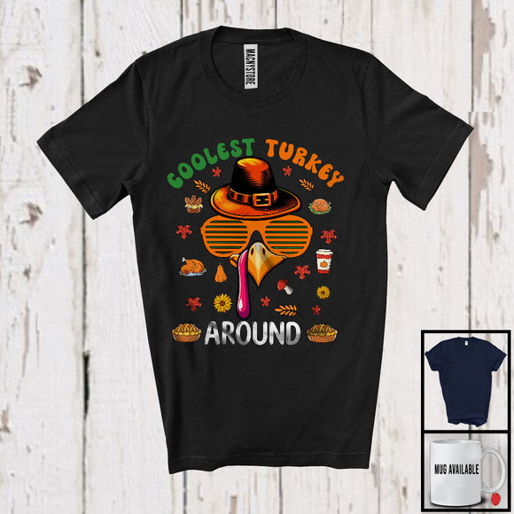 MacnyStore - Coolest Turkey Around, Awesome Thanksgiving Pilgrim Turkey Face Sunglasses, Fall Leaves T-Shirt