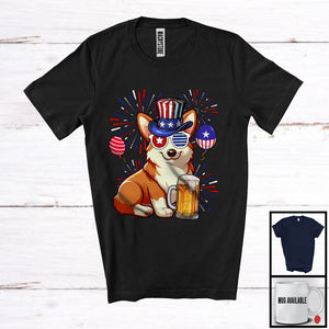 MacnyStore - Corgi Drinking Beer, Cheerful 4th Of July Drunker Fireworks, American Flag Patriotic Group T-Shirt