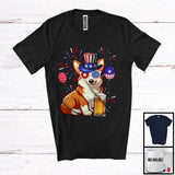 MacnyStore - Corgi Drinking Beer, Cheerful 4th Of July Drunker Fireworks, American Flag Patriotic Group T-Shirt